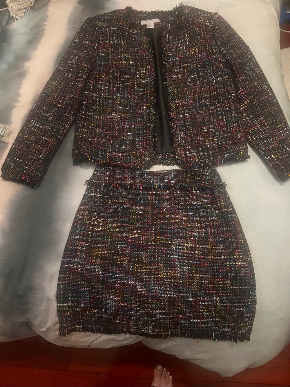 H&M Black Multicolor Tweed Cropped Jacket & Skirt Set
